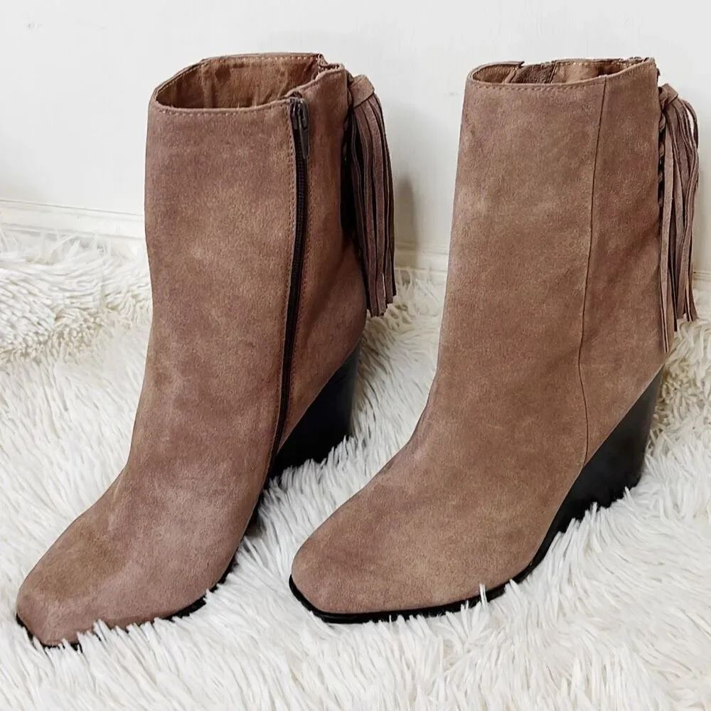 Jeffrey Campbell Suede Tassel Wedge Ankle Boot SZ 9.5 Brown
